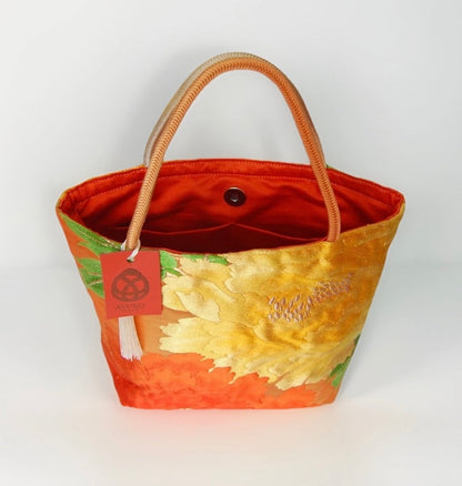 Vintage Fukuro Obi Mini Tote Bag — Orange & Yellow Peony Silk Tote