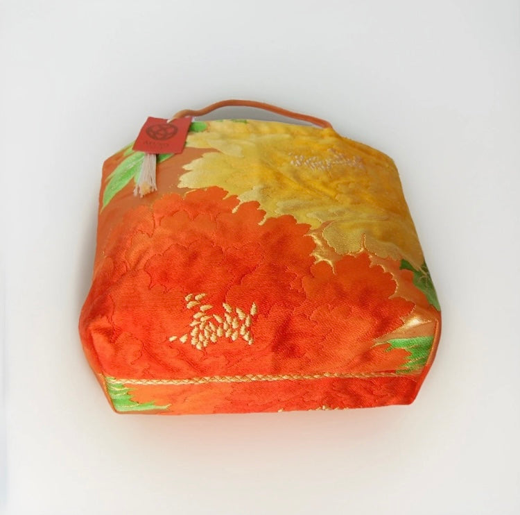 Vintage Fukuro Obi Mini Tote Bag — Orange & Yellow Peony Silk Tote