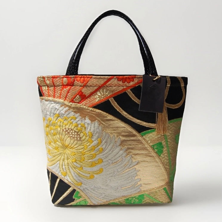 Ōgi Fan & Yellow Rangiku 乱菊 Vintage Obi Silk Tote in Green Gold