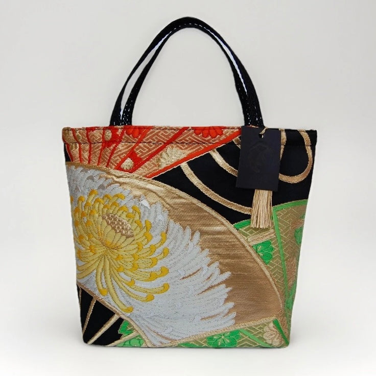 Ōgi Fan & Yellow Rangiku 乱菊 Vintage Obi Silk Tote in Green Gold