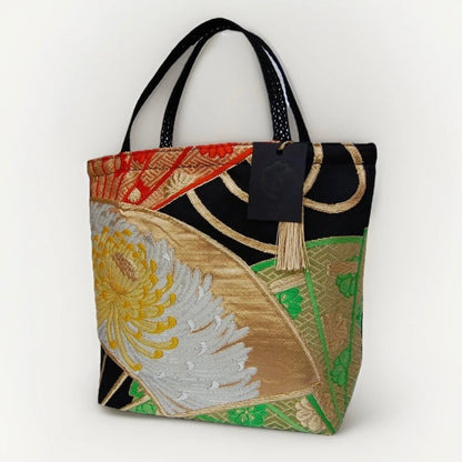 Ōgi Fan & Yellow Rangiku 乱菊 Vintage Obi Silk Tote in Green Gold