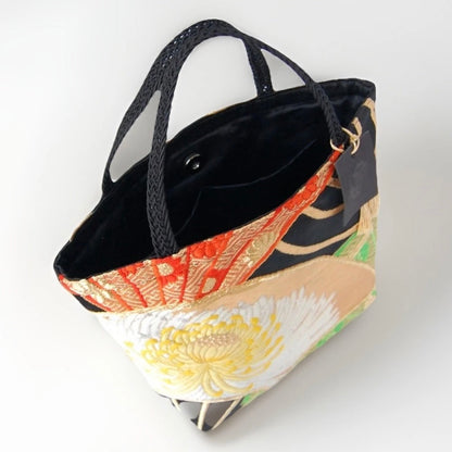 Ōgi Fan & Yellow Rangiku 乱菊 Vintage Obi Silk Tote in Green Gold