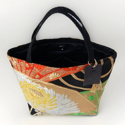 Ōgi Fan & Yellow Rangiku 乱菊 Vintage Obi Silk Tote in Green Gold