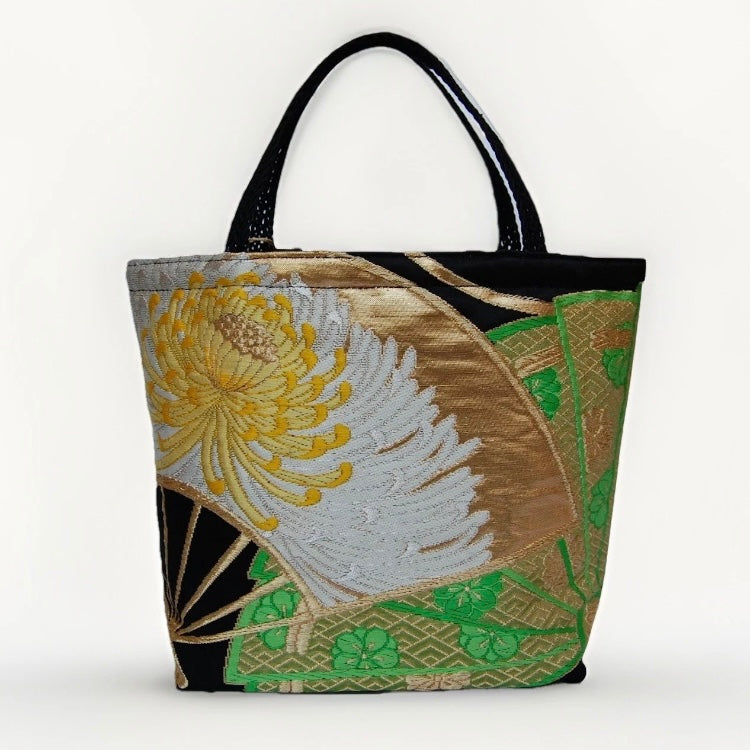Ōgi Fan & Yellow Rangiku 乱菊 Vintage Obi Silk Tote in Green Gold