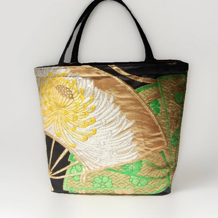 Ōgi Fan & Yellow Rangiku 乱菊 Vintage Obi Silk Tote in Green Gold