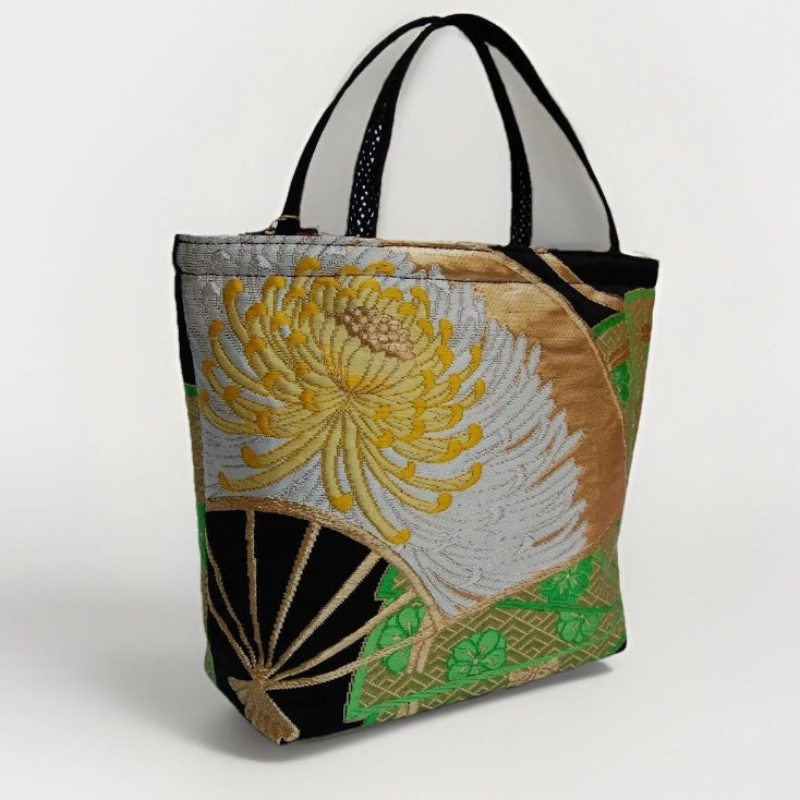 Ōgi Fan & Yellow Rangiku 乱菊 Vintage Obi Silk Tote in Green Gold
