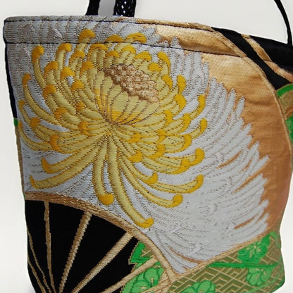 Ōgi Fan & Yellow Rangiku 乱菊 Vintage Obi Silk Tote in Green Gold