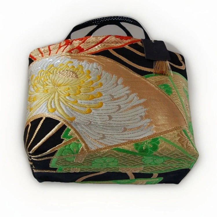 Ōgi Fan & Yellow Rangiku 乱菊 Vintage Obi Silk Tote in Green Gold