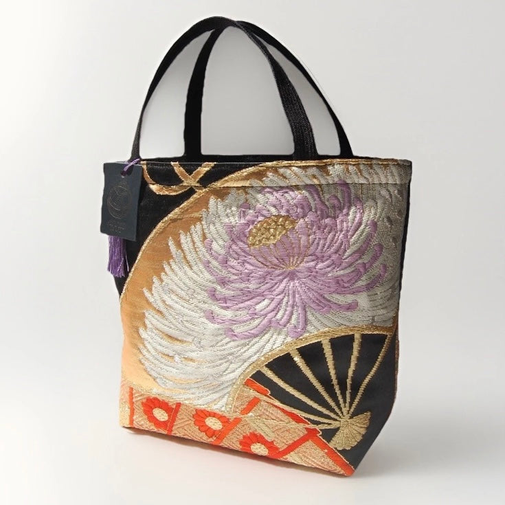 Ōgi Fan & Rangiku 乱菊 Vintage Obi Silk Tote in Black Lilac