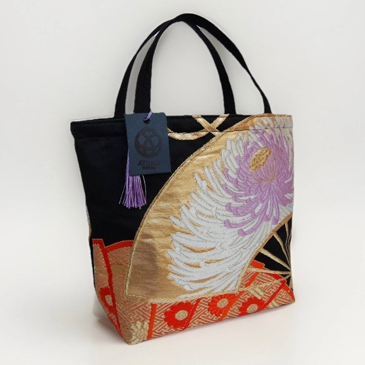 Ōgi Fan & Rangiku 乱菊 Vintage Obi Silk Tote in Black Lilac
