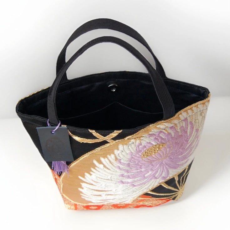 Ōgi Fan & Rangiku 乱菊 Vintage Obi Silk Tote in Black Lilac
