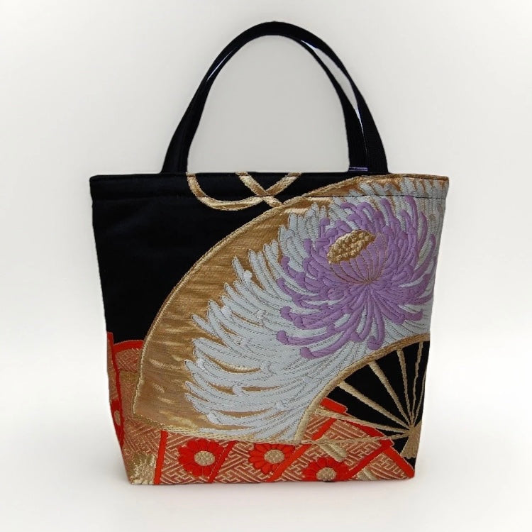 Ōgi Fan & Rangiku 乱菊 Vintage Obi Silk Tote in Black Lilac