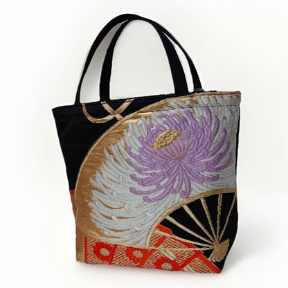 Ōgi Fan & Rangiku 乱菊 Vintage Obi Silk Tote in Black Lilac