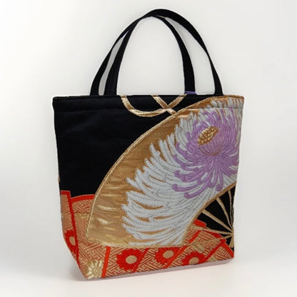 Ōgi Fan & Rangiku 乱菊 Vintage Obi Silk Tote in Black Lilac