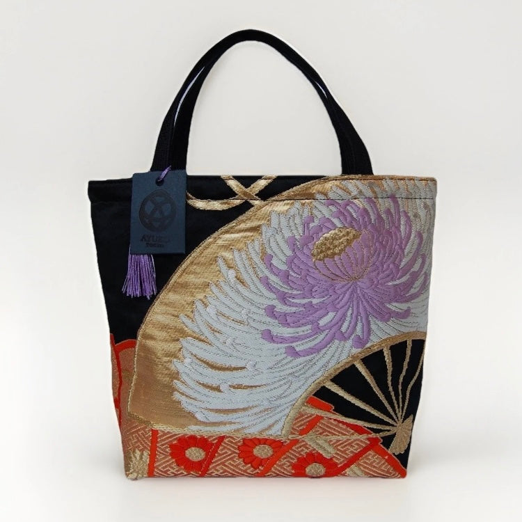 Ōgi Fan & Rangiku 乱菊 Vintage Obi Silk Tote in Black Lilac