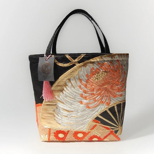 Ōgi Fan & Pink Coral Rangiku 乱菊 Vintage Obi Silk Tote