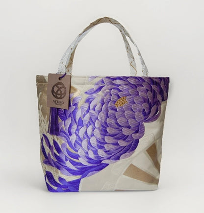 Two-Sided Rangiku 乱菊 Vintage Obi Silk Tote in Purple White Silver