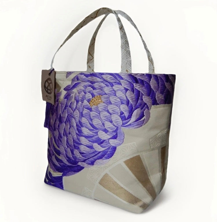 Two-Sided Rangiku 乱菊 Vintage Obi Silk Tote in Purple White Silver