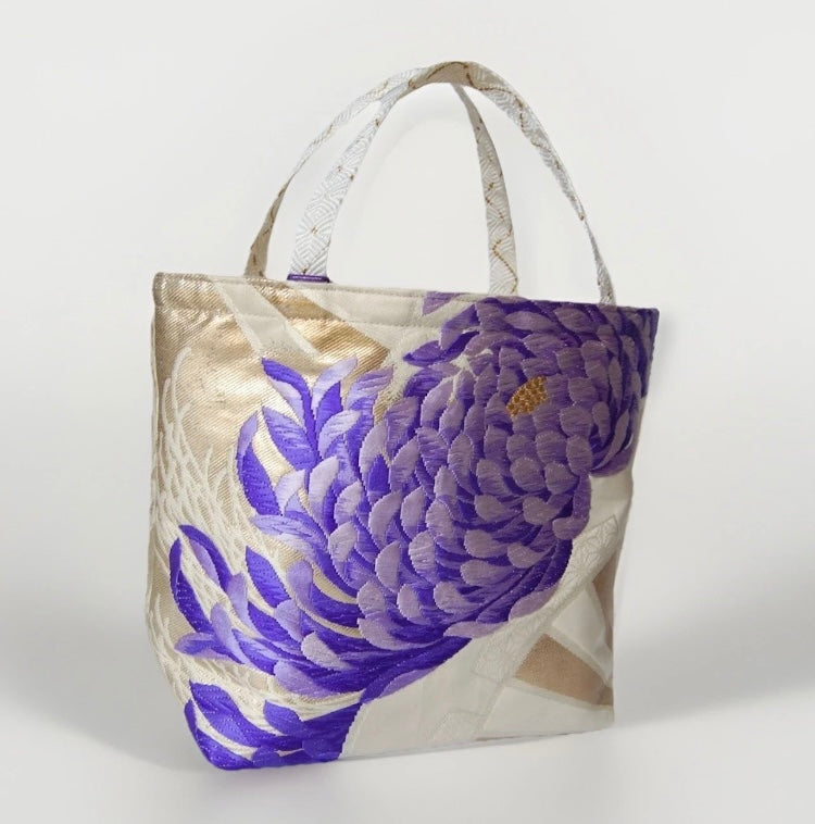 Two-Sided Rangiku 乱菊 Vintage Obi Silk Tote in Purple White Silver