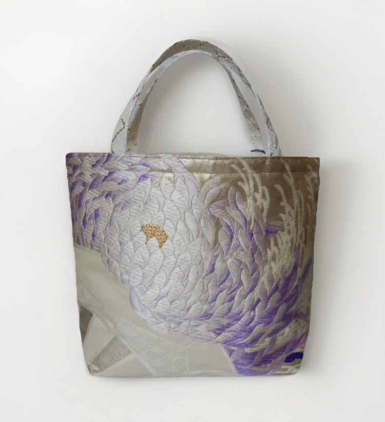Two-Sided Rangiku 乱菊 Vintage Obi Silk Tote in Purple White Silver