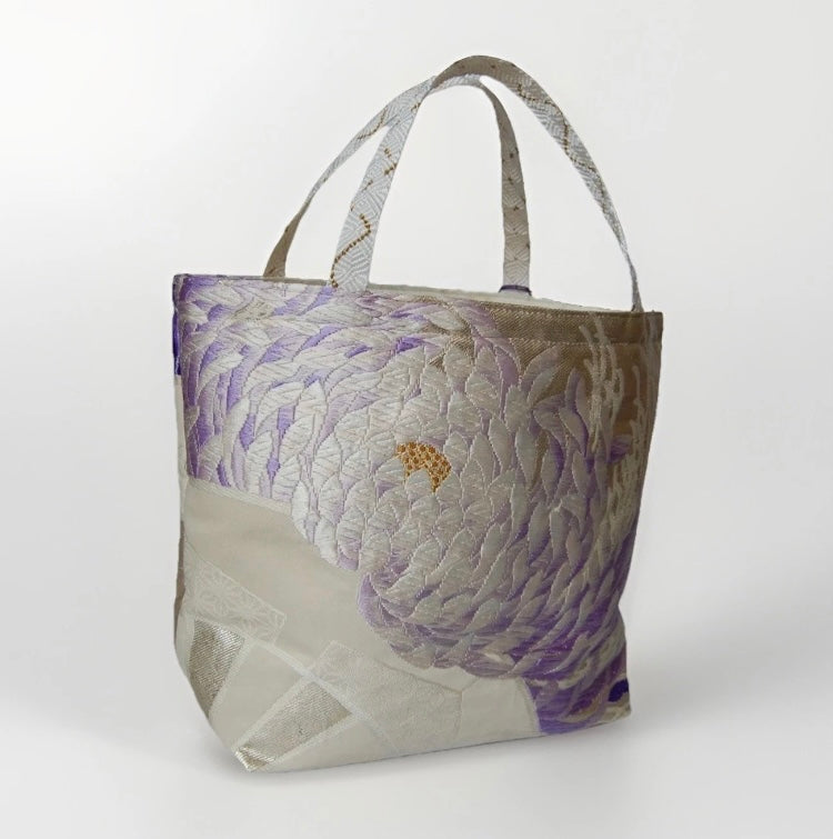 Two-Sided Rangiku 乱菊 Vintage Obi Silk Tote in Purple White Silver