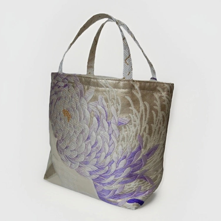 Two-Sided Rangiku 乱菊 Vintage Obi Silk Tote in Purple White Silver
