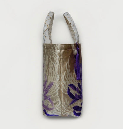 Two-Sided Rangiku 乱菊 Vintage Obi Silk Tote in Purple White Silver