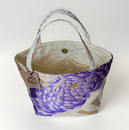 Two-Sided Rangiku 乱菊 Vintage Obi Silk Tote in Purple White Silver