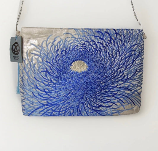 Vintage Fukuro Obi Shoulder Bag — Blue Ran-Giku Chrysanthemum on Silver Silk