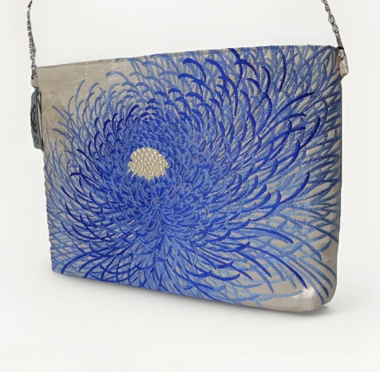 Vintage Fukuro Obi Shoulder Bag — Blue Ran-Giku Chrysanthemum on Silver Silk