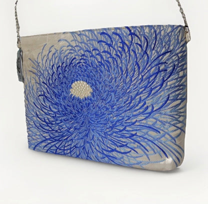 Vintage Fukuro Obi Shoulder Bag — Blue Ran-Giku Chrysanthemum on Silver Silk