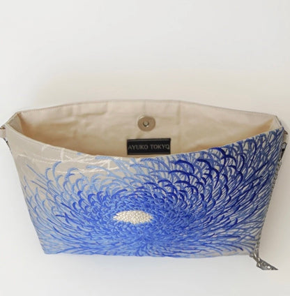 Vintage Fukuro Obi Shoulder Bag — Blue Ran-Giku Chrysanthemum on Silver Silk
