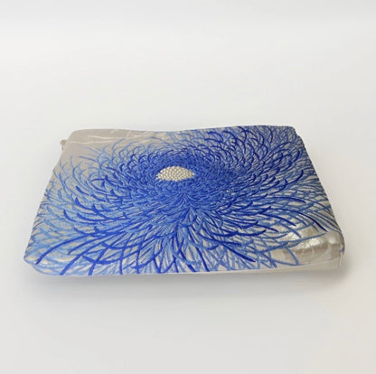 Vintage Fukuro Obi Shoulder Bag — Blue Ran-Giku Chrysanthemum on Silver Silk