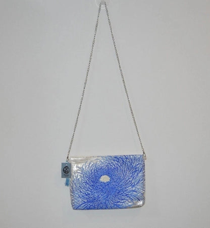Vintage Fukuro Obi Shoulder Bag — Blue Ran-Giku Chrysanthemum on Silver Silk