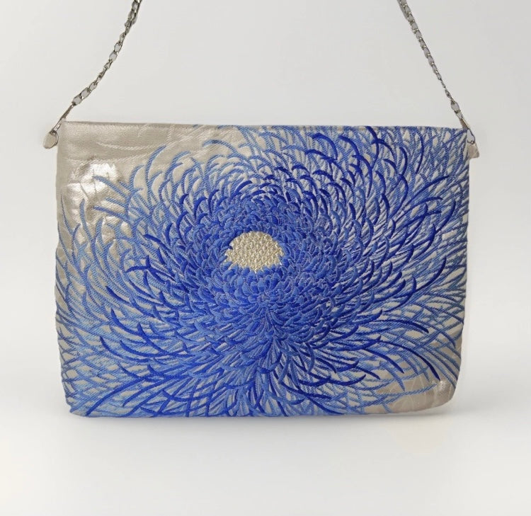 Vintage Fukuro Obi Shoulder Bag — Blue Ran-Giku Chrysanthemum on Silver Silk