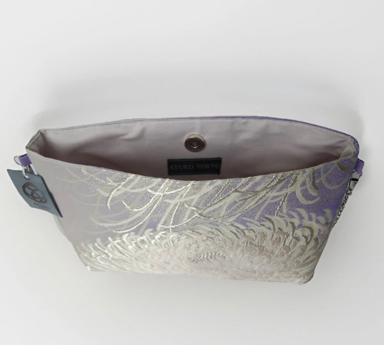 Vintage Fukuro Obi Shoulder Bag — Silver & Lavender Ran-Giku Silk