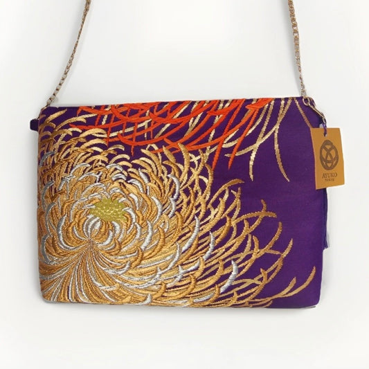 Vintage Fukuro Obi Shoulder Bag — Purple & Gold Silver Ran-Giku Silk