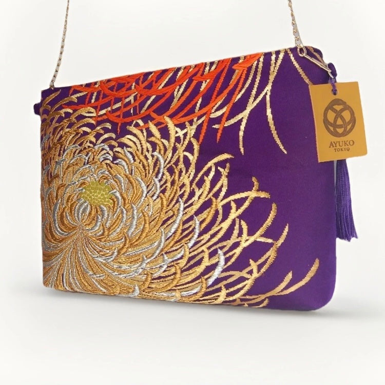Vintage Fukuro Obi Shoulder Bag — Purple & Gold Silver Ran-Giku Silk