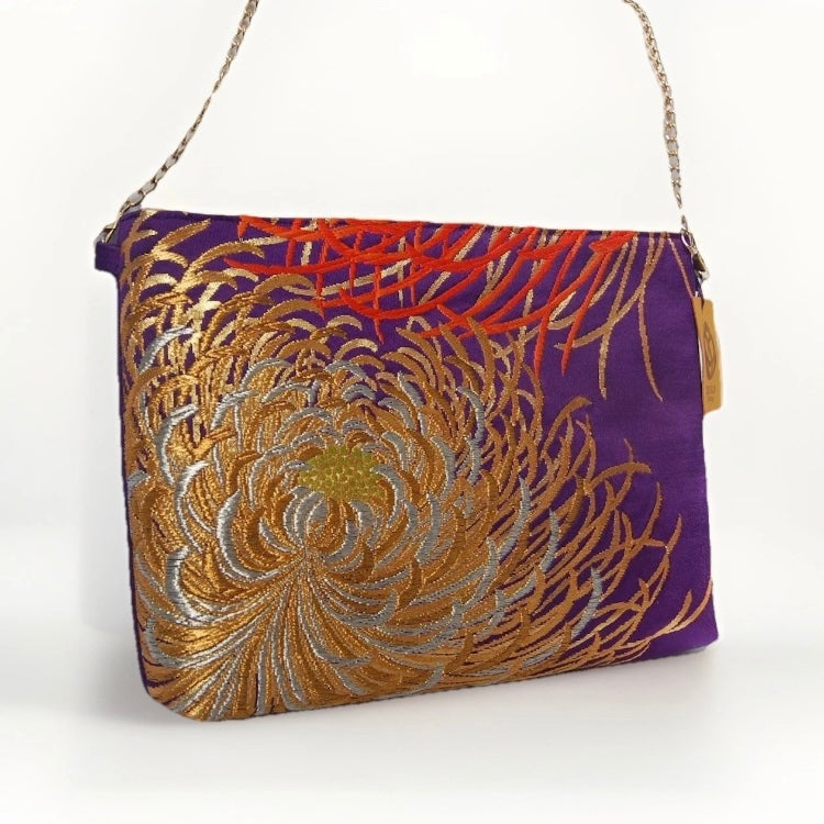 Vintage Fukuro Obi Shoulder Bag — Purple & Gold Silver Ran-Giku Silk