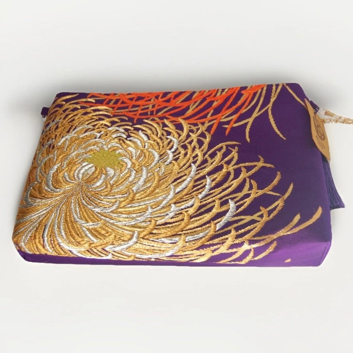 Vintage Fukuro Obi Shoulder Bag — Purple & Gold Silver Ran-Giku Silk