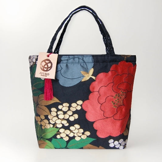 Vintage Fukuro Obi Mini Tote Bag — Red Peony on Black Silk