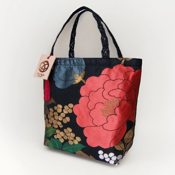 Vintage Fukuro Obi Mini Tote Bag — Red Peony on Black Silk