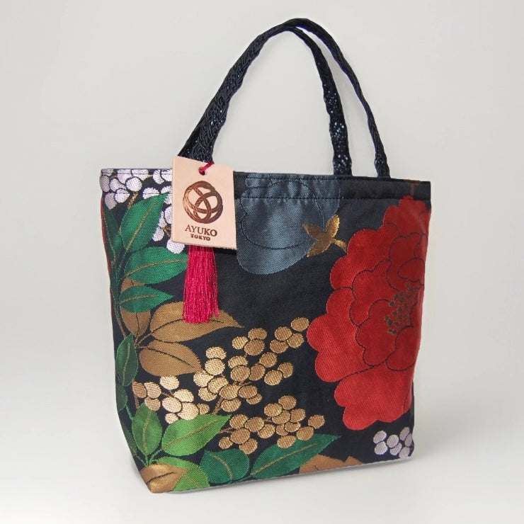Vintage Fukuro Obi Mini Tote Bag — Red Peony on Black Silk