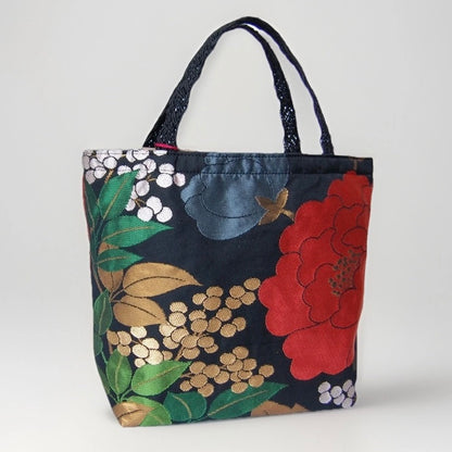 Vintage Fukuro Obi Mini Tote Bag — Red Peony on Black Silk