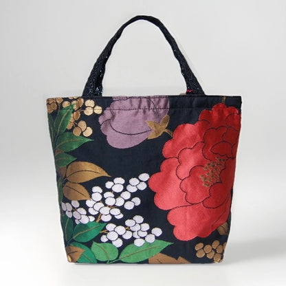 Vintage Fukuro Obi Mini Tote Bag — Red Peony on Black Silk