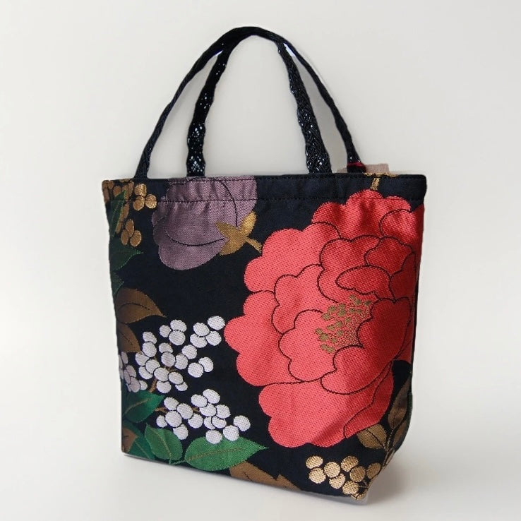 Vintage Fukuro Obi Mini Tote Bag — Red Peony on Black Silk