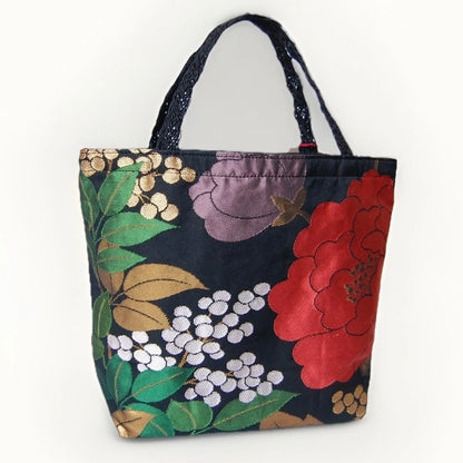 Vintage Fukuro Obi Mini Tote Bag — Red Peony on Black Silk