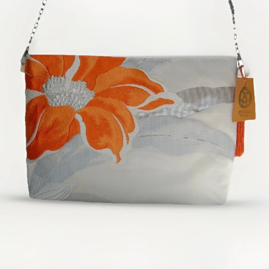 Vintage Fukuro Obi Shoulder Bag — Orange Floral Motif on Silver Silk