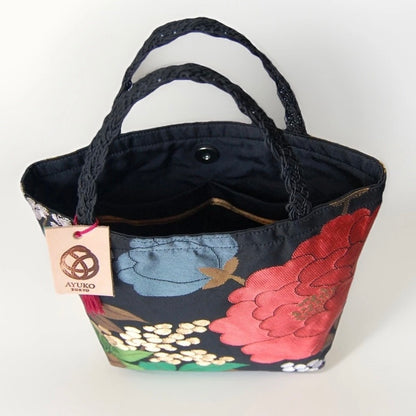 Vintage Fukuro Obi Mini Tote Bag — Red Peony on Black Silk