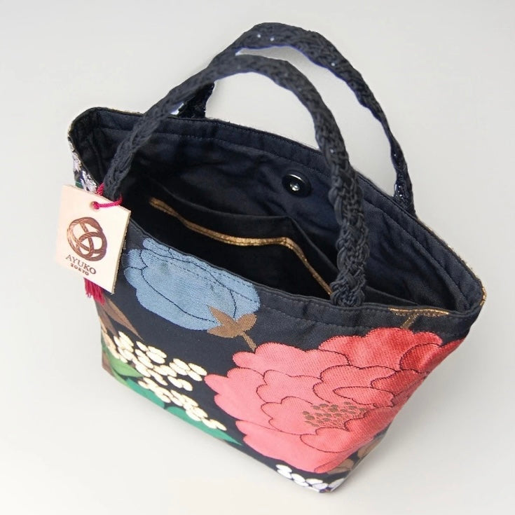Vintage Fukuro Obi Mini Tote Bag — Red Peony on Black Silk